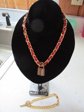 P66-Both #314-LV Lock on Gold & Red Brit Chain Necklace & Key on Gold Bracelet